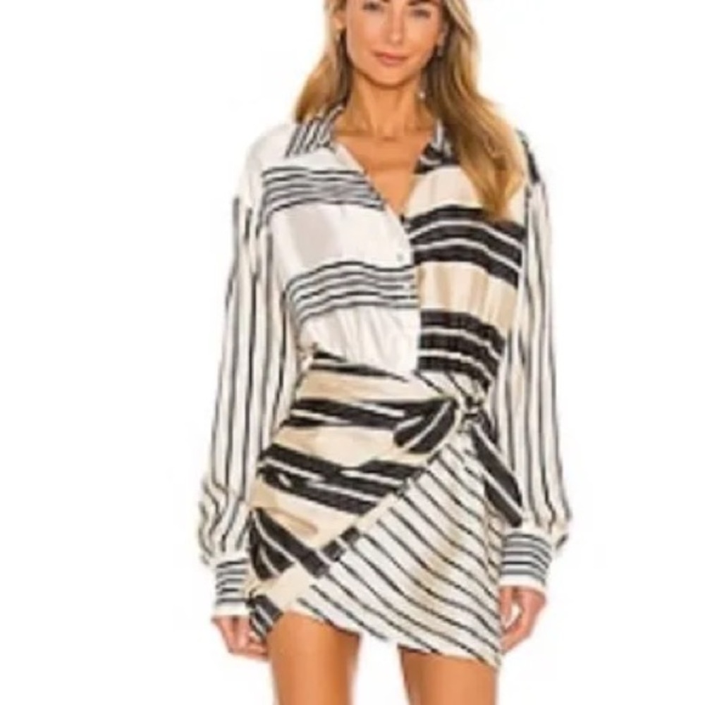L'Academie Black and White Striped Long Sleeve Dress
